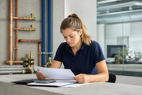 Mitarbeiterin prüft eine monatliche Lohnabrechnung am Arbeitsplatz