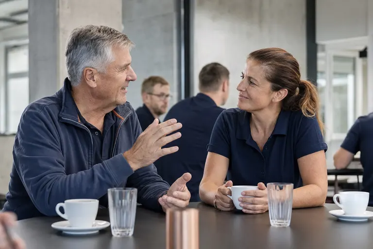 Zwei erfahrene Mitarbeitende der Gebäudetechnik beim gemeinsamen Mittagessen