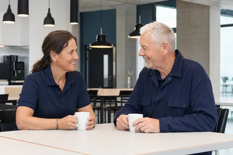 Zwei erfahrene Berufsleute der Gebäudetechnik im Gespräch bei einer Kaffeepause