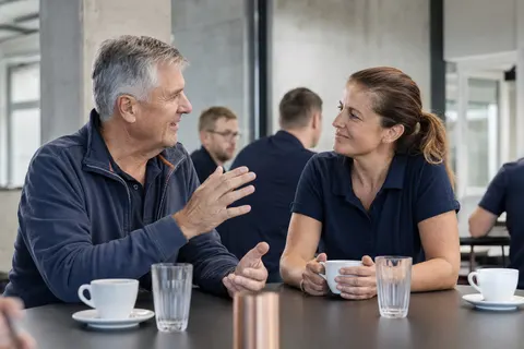 Erfahrene Mitarbeitende der Gebäudetechnik im Austausch mit Kolleginnen und Kollegen